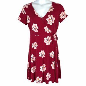 Old Navy Womens Burgundy Floral Faux Wrap Dress L Short-Sleeve V-Neck Soft Knit